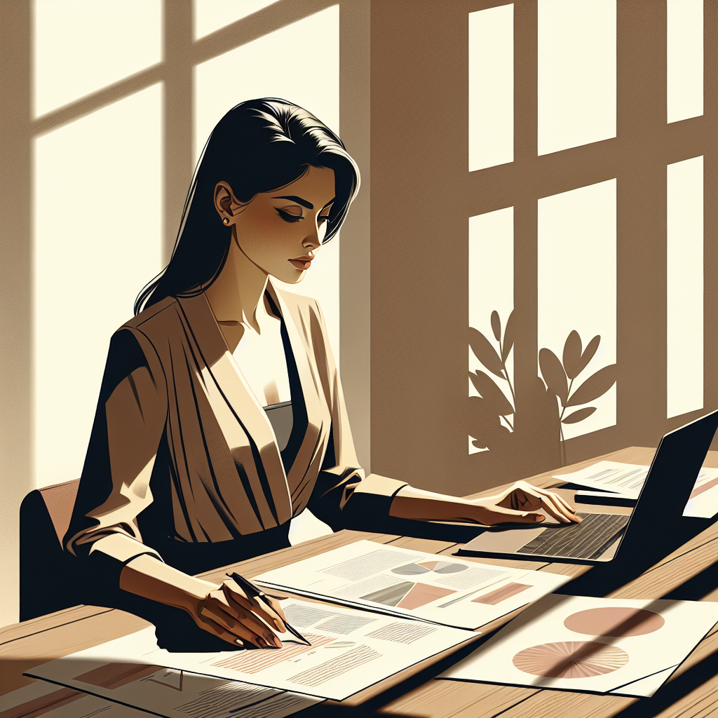 Editorial illustration of a woman reviewing financial documents