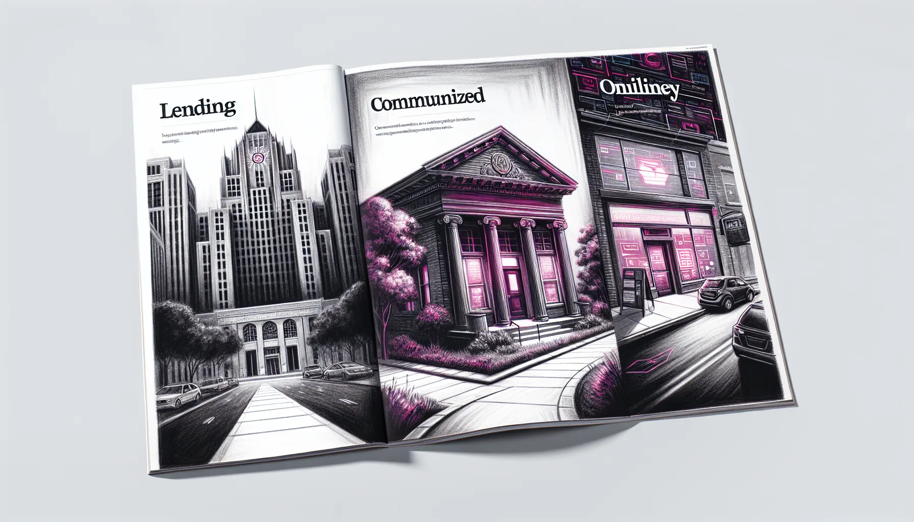 Editorial illustration comparing three lending paths &mdash; bank, community lender, and online platform &mdash; diverging from a single starting point