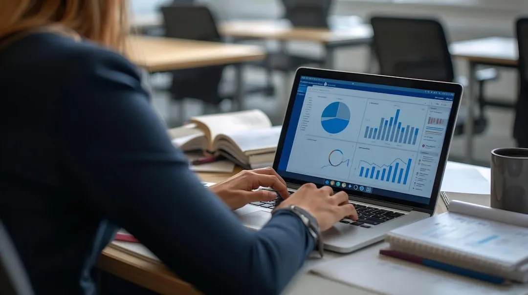 Woman analyzing financial data on a laptop in a business office
